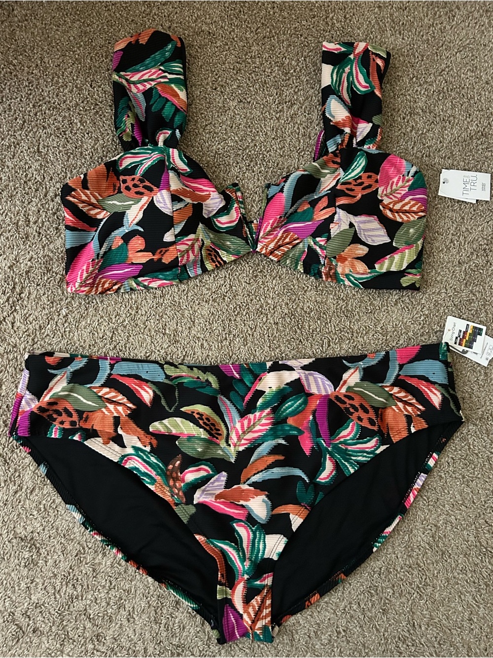 Time and Tru Black Floral Plus Size 3X Bikini Leaf Print Swim Beach Lake Camp